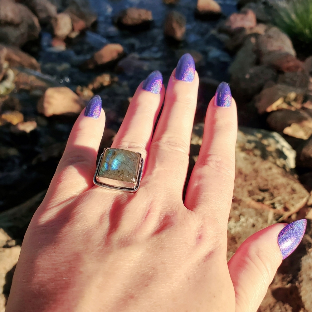 Labradorite Blue Flash Square Stone Ring #11 Nwot - image 2